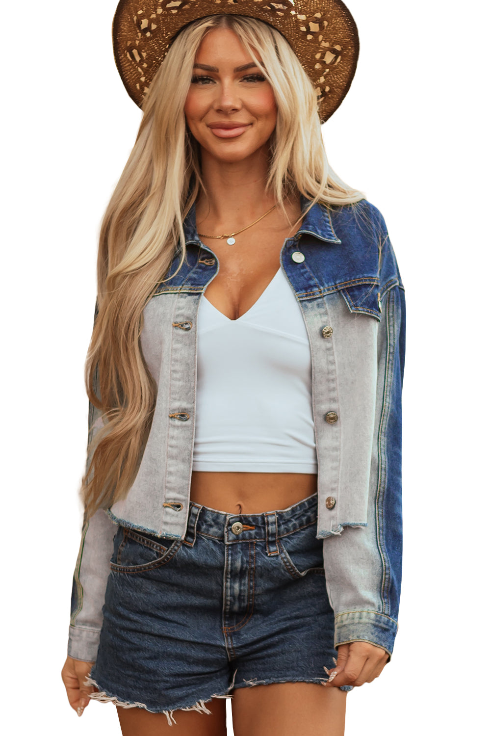Dusk Blue Color Block Patchwork Flap Detail Distress Denim Jacket Love Salve